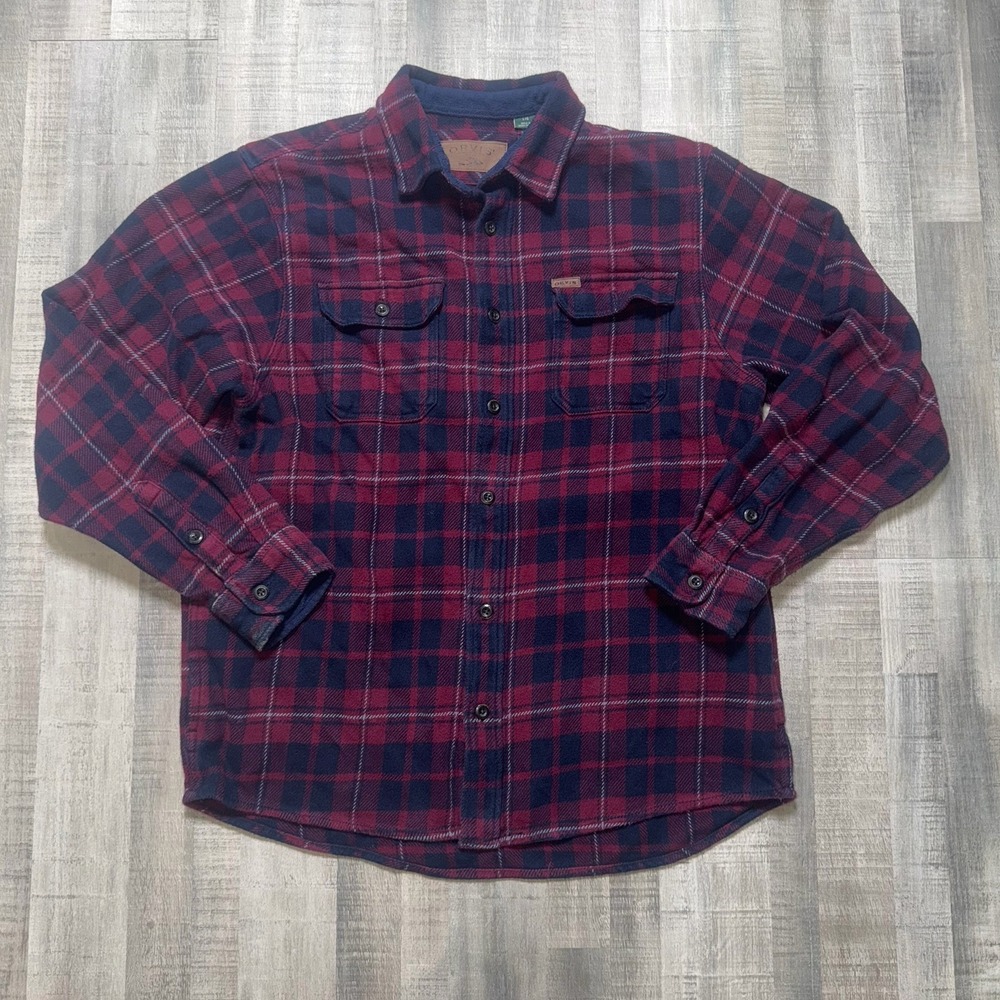 Orvis Flannel Shirt Mens Large Red Plaid Big Bear Shacket Pockets Heavyweight